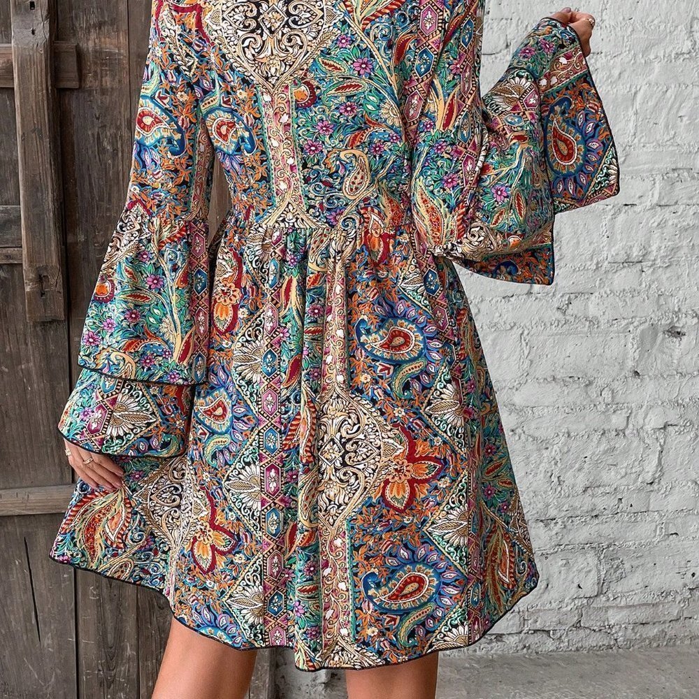 Multicolor Boho Women's Floral Print V-Neck Dress - Picture 3 of 5